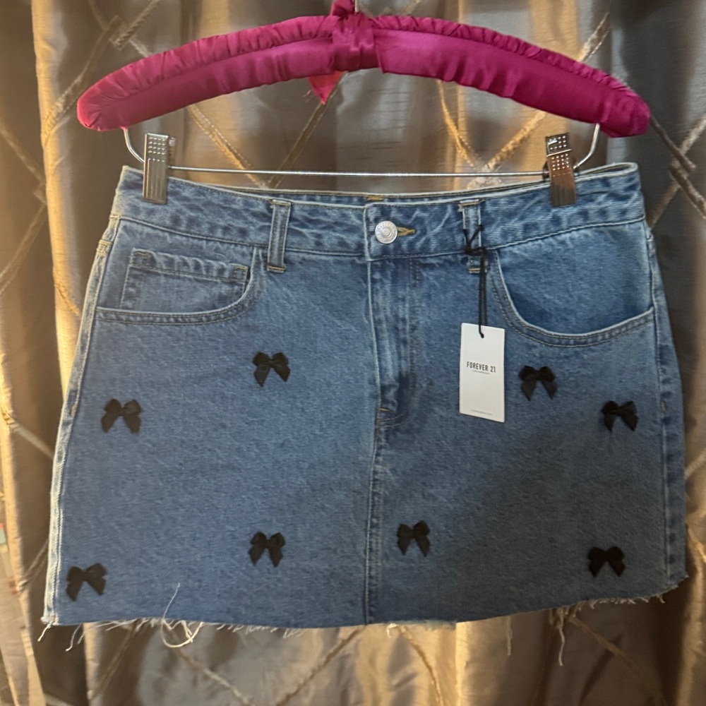 Forever 21 Blue Denim Skirt with Black Bows